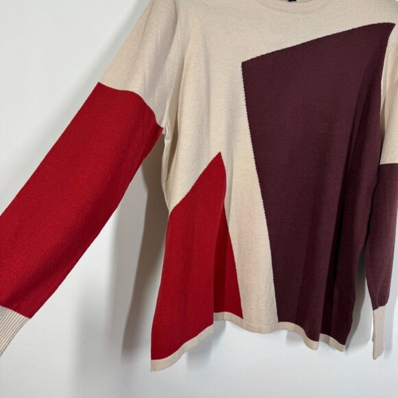 EXUS Beige Red Colorblock Geometric Sweater Size XL Modern Long Sleeve Knit - Picture 9 of 15
